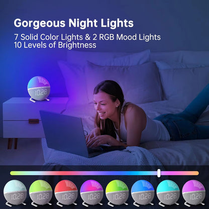 Sunrise Light Alarm Clock Wake up Light Alarm Clock Snooze 7 Ringtones Sleep Aid 9 Colors Night Light Bedside Table Led Watch