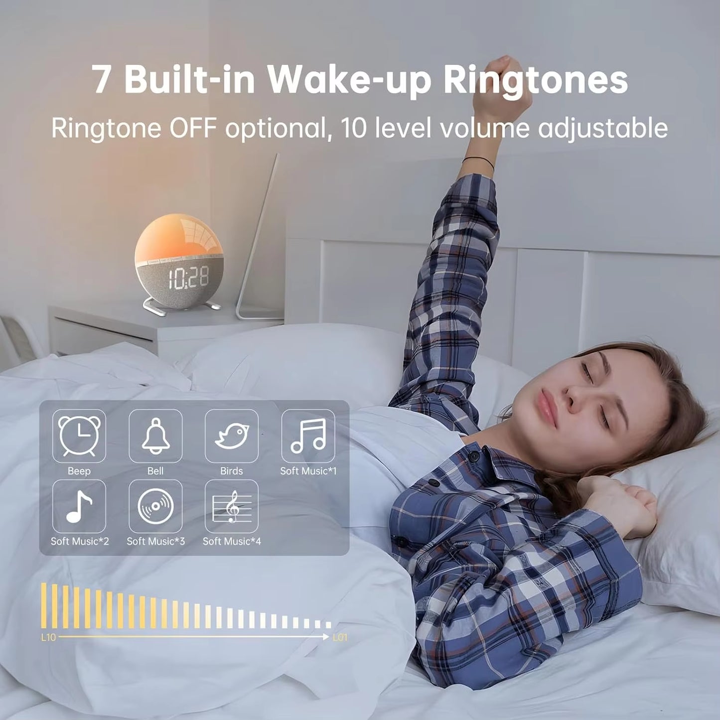 Sunrise Light Alarm Clock Wake up Light Alarm Clock Snooze 7 Ringtones Sleep Aid 9 Colors Night Light Bedside Table Led Watch